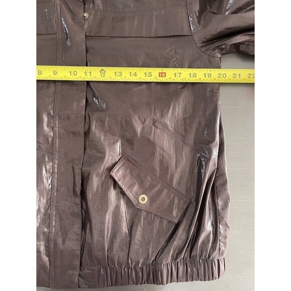 Chico’s 80’s Wet Look Brown Shiny Bomber Jacket Hooded 3/4 sleeve Size 1 / Med - Picture 5 of 12